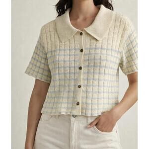 By Together Women’s Knit Sweater Size Large Cream Cotton Short Sleeve Open Front